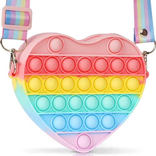 Pop Purse for Girls Crossbody Bag Heart Pop On Its Shoulder Bags Fidget Purse Toys Push It Bubble Relieve Stress Handbags Valentines Day Gifts for Kids Party Favors School Pop Fidget Toys for Girls