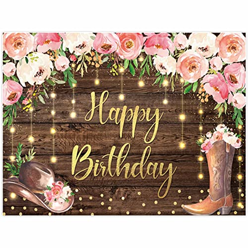 Allenjoy 96″ x 72″ Western Birthday Backdrop Boot Cowgirl Rustic Country Boho Bday Party Supplies Flower Country Wood Hat Background Cake Table Decor Studio Photobooth Props Gift Favors