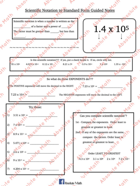 Scientific Notation to Standard Form Guided Notes
