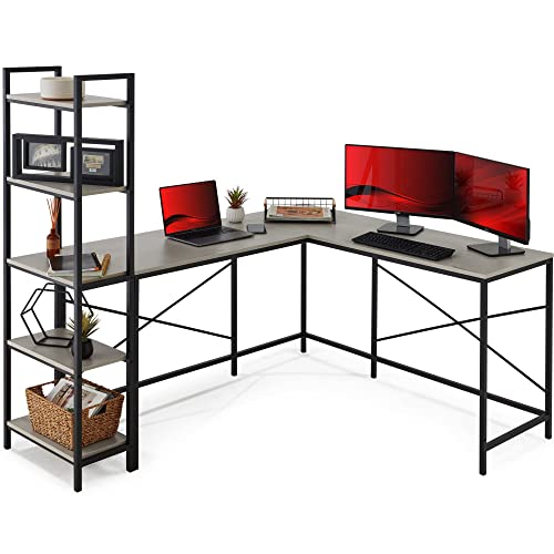 Best Choice Products L-Shaped Corner Computer Desk, Large Study Workstation Furniture w/Multifunctional 5-Tier Open Storage Bookshelves, Custom Setup for Home, Office – Gray/Black