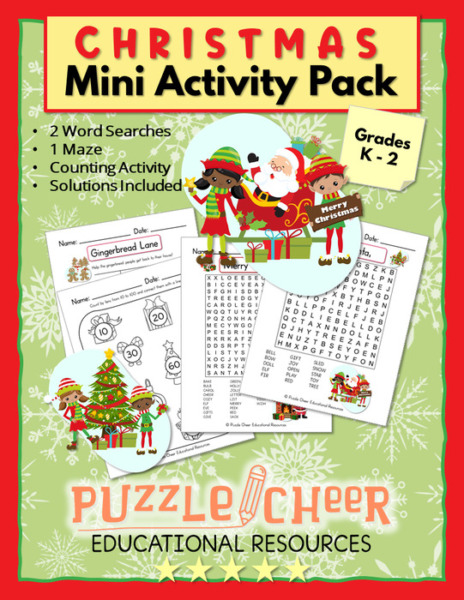 Christmas Mini Activity Pack | Word Searches, Maze and Counting Activity for K – 2