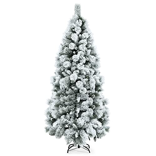 Goplus 7ft Artificial Snow Flocked Christmas Tree, Unlit White Pencil Hinged Xmas Tree W/ Metal Stand, 626 PVC Tips, 249 Pine Needles, Slim Snowy Tree for Indoor Home Office Decoration