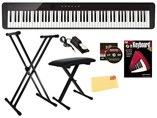 Casio Privia PX-S1100 Digital Piano Bundle with Adjustable Stand, Bench, Sustain Pedal, Instructional Book, Austin Bazaar Instructional DVD, and Polishing Cloth – Black