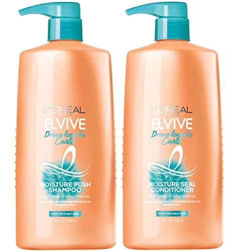 L’Oreal Paris Elvive Dream Lengths Curls Shampoo and Conditioner 2PK, Paraben-Free with Hyaluronic Acid and Castor Oil. Best for wavy hair to curly hair, 1 kit