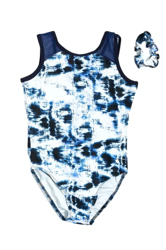 Destira Gymnastic Leotard for Girls, Ice Queen Navy and White Abstract Dance, Ballet One -Piece, Child X-Large (12)