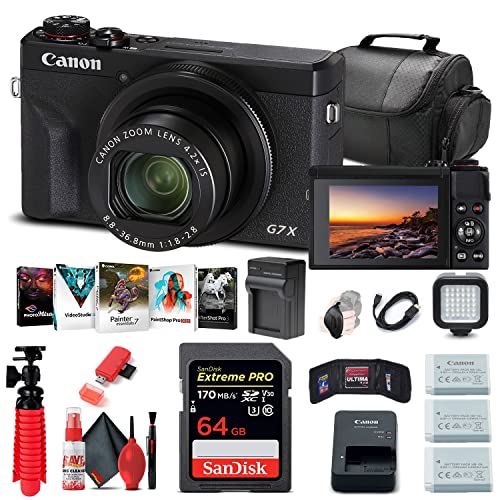 Canon PowerShot G7 X Mark III Digital Camera (Black) (3637C001) + 64GB Memory Card + 2 x NB13L Battery + Corel Photo Software + Charger + Card Reader + LED Light + More (Renewed)
