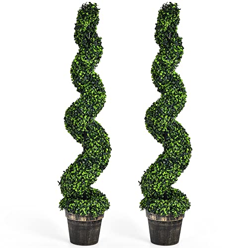 Goplus 4FT Artificial Spiral Boxwood Topiary Tree, 2 Pack Greenery Large Faux Plant in Cement-Filled Plastic Pot, Tall Fake Plant for Indoor Outdoor Home Front Porch Decor