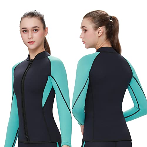 FLEXEL Womens 3mm Wetsuit Top with Long Sleeve Keep Body Warm in Cold Water Front Zipper Girls Rafting wear Diving Neoprene Well Fitting Comfortable Surfing Jacket for Lady (Large, Light Blue)