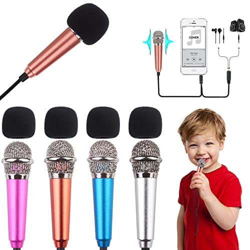4-Piece Mini Microphone Tiny Microphone Mini Mic for Recording Voice and Singing on iPhone, Android Phones or Tablet, Metal, with 113 cm Cord, 3.5 mm Input (Rose Gold, Rose red, Silver, Blue)