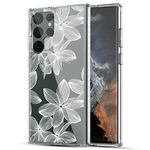 Galaxy S22 Ultra Case, RANZ Anti-Scratch Shockproof Series Clear Hard PC+ TPU Bumper Protective Cover Case for Samsung Galaxy S22 Ultra (6.8″) – White Flower