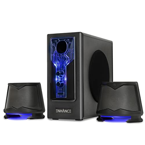 ENHANCE SB 2.1 Computer Speakers with Subwoofer – Blue LED Gaming Speakers, High Excursion Sound System, AC Powered & 3.5mm, Volume and Bass Control, Compatible with Gaming PC, Desktop, Laptop