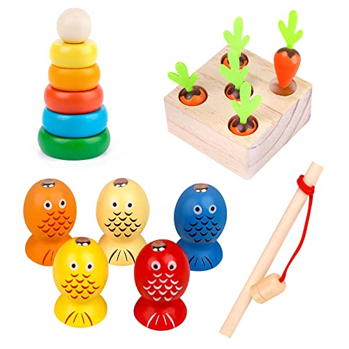 Uncle Nick Montessori Wooden Toy for Baby Stacking Raing Toy Carrot Harvesting Magnetic Fishing Game for 3 Year Old Boy Girls, Early Educational Learning Toy for Preschool