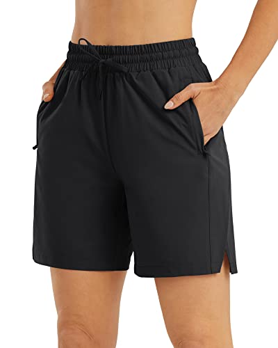 Promover Womens 7 Inch Athletic Shorts with Zipper Pockets Elastic Waist Summer Shorts Quick Dry for Hiking Golf Camping Workout (Black, L)