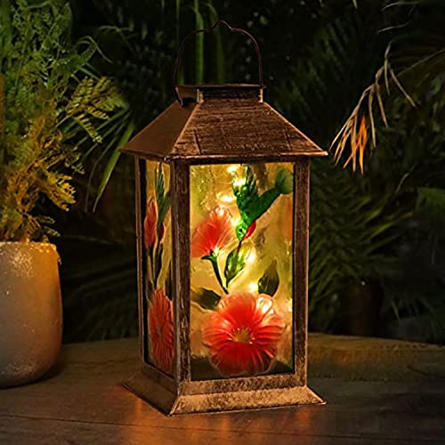 Solar Hummingbird Lantern Waterproof Outdoor Hanging Glass Lantern Decorative Tabletop Lamp Metal LED Lights for Garden Patio Porch Holiday Party Yard Table Pathway Walkway Holiday Decor Gifts (1pack)