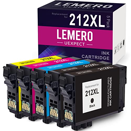 LemeroUexpect Remanufactured Ink Cartridge Replacement for Epson 212XL T212XL 212 XL Combo Pack Fit for Expression Home XP-4105 XP-4100 Workforce WF-2850 WF-2830 Printer Black Cyan Magenta Yellow, 5P