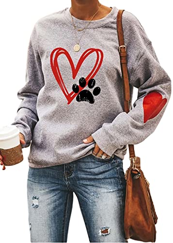 ETATNG Womens Dog Paw Print Round Neck Long Sleeve Sweatshirts Heart Printed Casual Pullover Loose Blouse Tops Grey XL