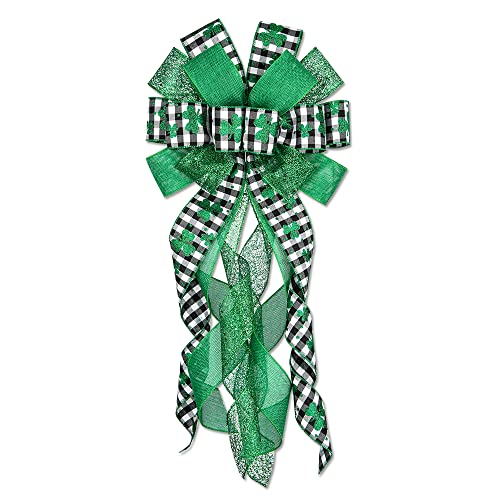 Large Saint Patrick Tree Topper Bows, St Patricks Green Glitter Clover Long Buffalo Plaid Bows for Saint Patrick’s Day Home Garden Indoor Outdoor Decoration Wreath Ornament Supplies, 13 x 30 Inches