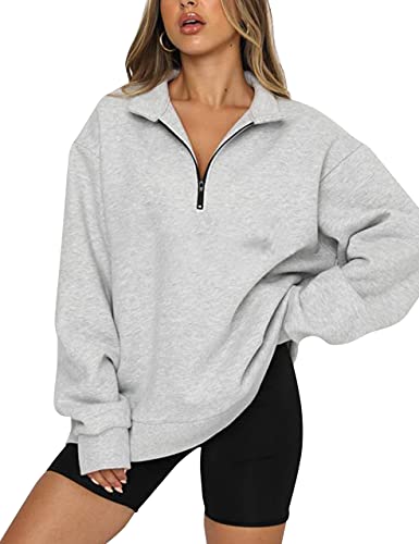 SAFRISIOR Women’s Oversized Half Zip Sweatshirt Drop Shoulder Long Sleeves Collar Quarter 1/4 Zipper Pullover Grey