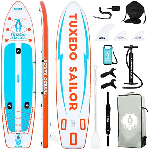 Tuxedo Sailor Inflatable Fishing Paddle Boards 12’×34″×6″ SUP Fishing Stand Up Paddle Board,Shoulder Strap,Fins,ISUP Adj Paddle,Backpack,Fishing Support Bases,Kayak Seat