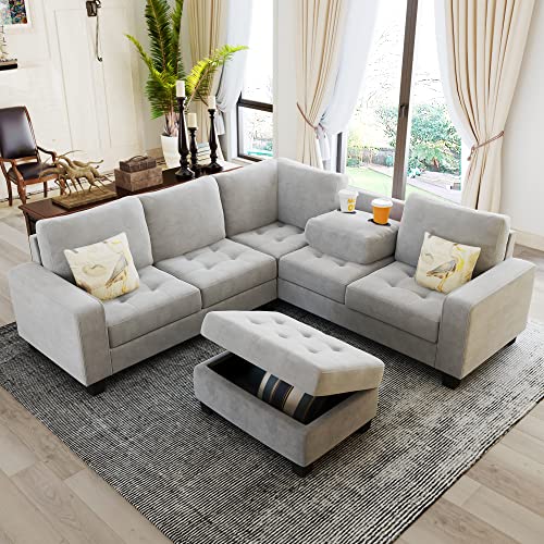 Merax 2 Piece Sectional Corner Sofa, Living Room Modern Velvet L-Shaped Couch Space Saving with Storage Ottoman & Cup Holders, Silver Grey