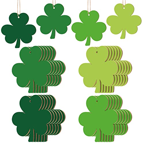 Whaline St. Patrick’s Day Shamrock Wooden Hanging Ornament 4 Green Color Shamrock Bauble Embellishment Decoration with Hemp Rope Wood Label Tags for St. Patrick’s Day Irish Holiday Craft Gift, 24Pcs