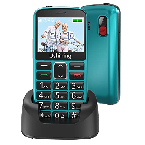 USHINING 4G Senior Cell Phone Unlocked SOS Big Button Senior Basic Phone 2.4 Inch Large Screen High Volume Unlocked Mobile Phone for Elderly with Charging Dock (Emerald Green)