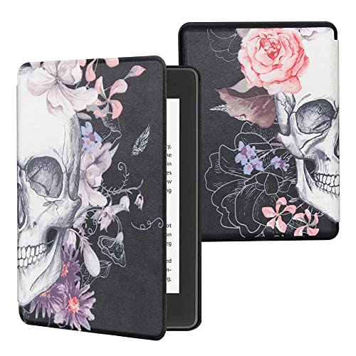 QIYI Case for 6.8″ Kindle Paperwhite (11th Generation-2021) & Kindle Paperwhite Signature Edition, Pink Flowers Black PU Leather eBook Reader Smart Cover with Auto Wake / Sleep – Skull in Blossom