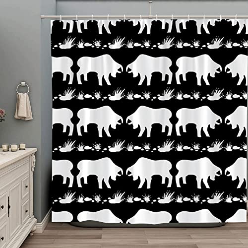 Cow Shower Curtain Rustic Farm Animals Abstract Bull Silhouette Country Western Farmhouse Black and White Simple Chic Fabric Bathroom Decor Set with Hooks 70×70 Inch