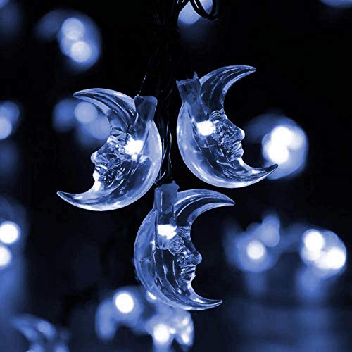 qposdr Solar Christmas String Lights 15.4ft 20 LED Solar Moon Outdoor Waterproof Powered Fairy String Lights for Home Garden Parties Patio Yard Christmas Tree Decorations (White)