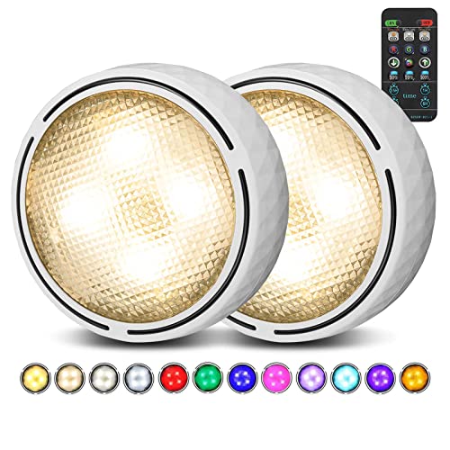 LED Puck Lights with Remote Control, Battery Operated Wireless Closet Lights, Under Cabinet Lights Stick on Tap Light Push Lights, Color Changing Under Counter Lights for Kitchen, 2 Pack – White