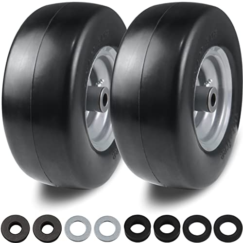 2 PCS 11×4.00-5″ Flat Free Lawn Mower Tire on Wheel, 3/4″ or 5/8″ Bushing, 3.4″-4″-4.5 -5″ Centered Hub, Universal Fit Smooth Tread Tire for Zero Turn Lawn Mowers, with Universal Adapter Kit