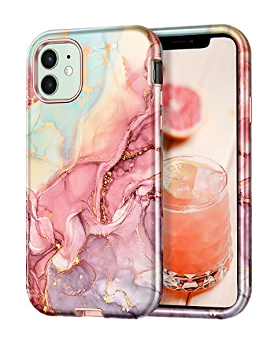 Btscase Compatible with iPhone 12 Case and iPhone 12 Pro Case 6.1 inch (2020), Marble Pattern 3 in 1 Heavy Duty Shockproof Full Body Hard PC+Soft Silicone Drop Protective Women Girls Cover, Rose Gold