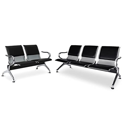 Kinbor Airport Reception Chairs Waiting Benches – PU Leather Reception Bench with Arms, 5 Seat Waiting Room Chairs for Business Office, Salon, Bank, Hospital, Black