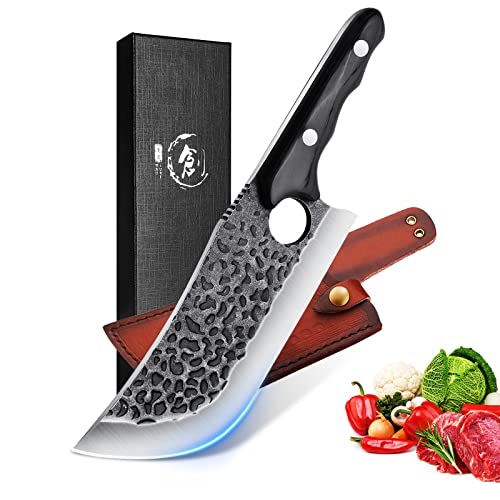 Meat Cleaver, Huusk Japan Kitchen Chopping Knives High Carbon Steel Boning Knife Heavy Duty Butcher Grilling Knife with Sheath Gift Box for Meat Bone Vegetable Outdoor BBQ Camping