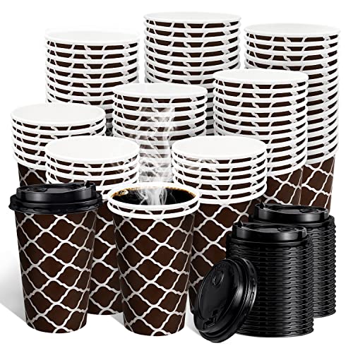 74 Sets Disposable Coffee Cups 16 oz with Lids, Coffee Paper Cups for Hot Beverages To Go Coffee Paper Cups with Lids Travel Coffee Cup Home Office Parties Coffee Shop (Brown Checkered)