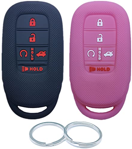 RUNZUIE 2Pcs 5 Buttons Silicone Smart Remote Key Fob Compatible with 2022 Honda Accord Civic Key Fob Cover 72147-T20-A11 (Black with Red and Pink)