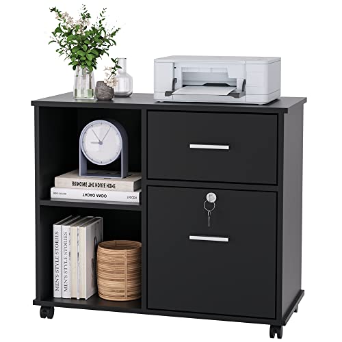 Lateral File Cabinet with Drawers and Lock, Wood Filing Cabinet, Rolling Printer Stand with Shelves for Home Office, Black