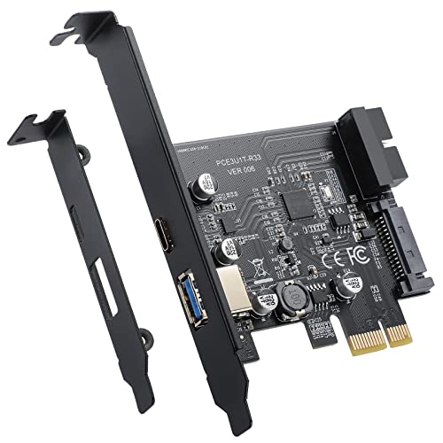BEYIMEI PCI-E 1X to USB 3.2 Gen1 5Gbps 2 Ports(Type C+ Type A) Expansion Card,with 19PIN USB 3.0 Interface, 15PIN SATA Power Connector, PCIE to USB Card Supports Windows 10/ 8/7/Linux