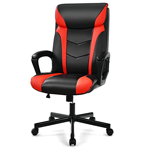 COSTWAY PU Leather Office Chair, Racing Style High Back Swivel Chair with Height Adjustable, Padded Headrest and Armrests, Ergonomic Computer Desk Executive Chair for Working Studying Gaming (Red)