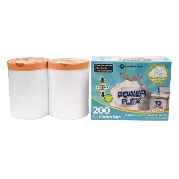 Members Mark 13 gal Power Flex, Leak Protection, Tall Kitchen Simple Fit Drawstring Bags (1-Pack, Fresh Clean Scent)