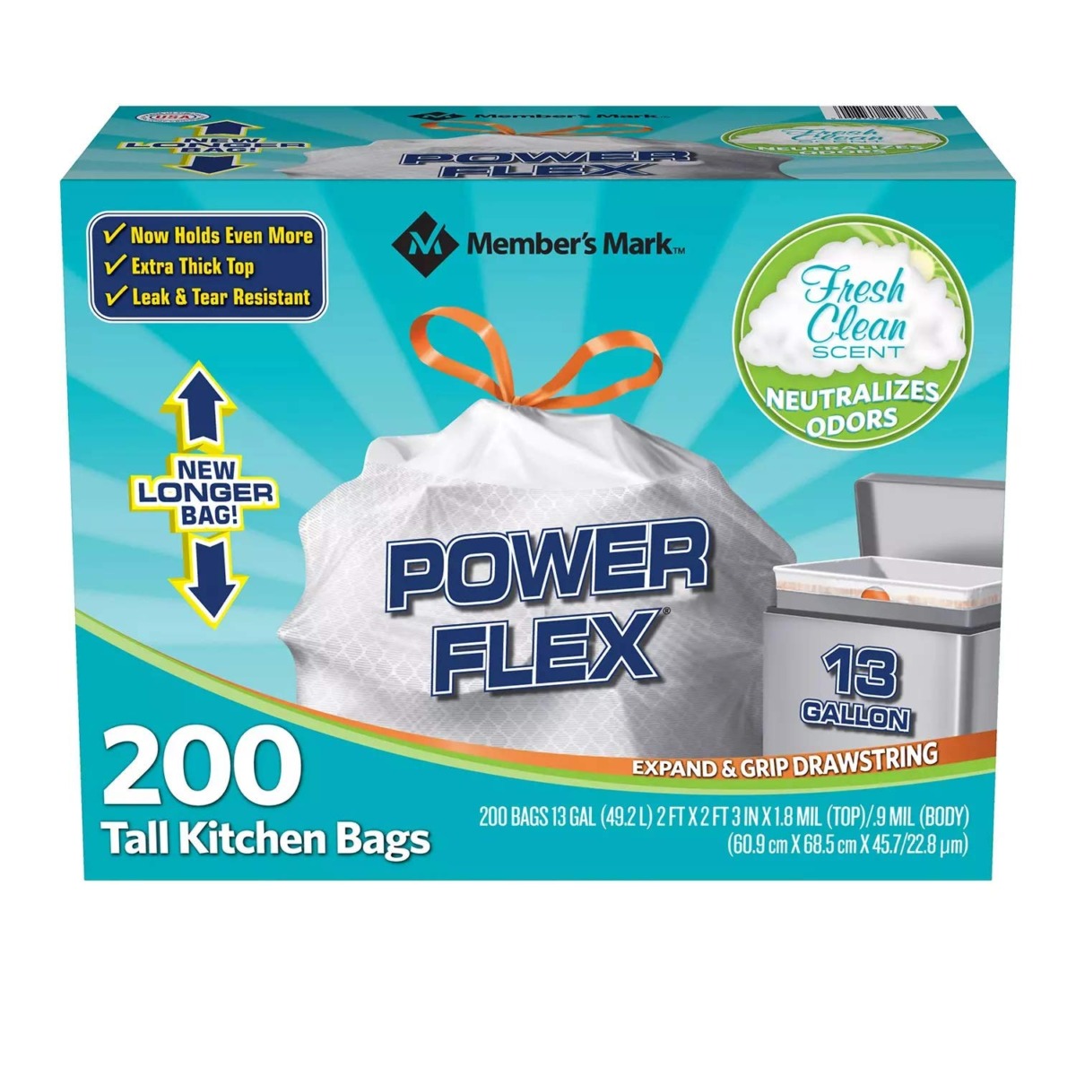 Members Mark 13 gal Power Flex, Leak Protection, Tall Kitchen Simple Fit Drawstring Bags (1-Pack, Fresh Clean Scent) | The Storepaperoomates Retail Market - Fast Affordable Shopping