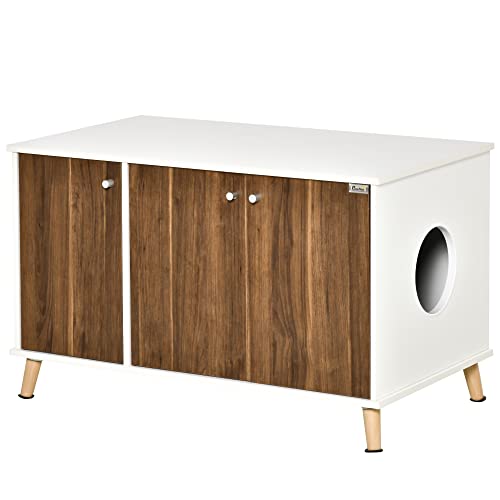 PawHut Cat Litter Box Enclosure Hidden Cat Furniture Cabinet Indoor, End Table with Adjustable Shelf Magnetic Door, White