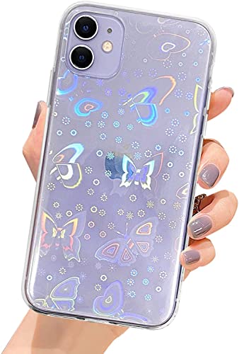 SmoBea Compatible with iPhone 11 Case, Clear Laser Glitter Bling Butterfly Soft & Flexible TPU and Hard PC Shockproof Cover Women Girls Butterfly Pattern Phone Case (Rainbow Butterfly/Clear)