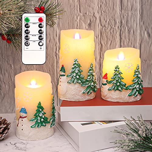 REVELBUNNY Christmas Snowman Flameless Candles, Battery Operated Flickering Moving Wick LED Candles with Remote Timer, Real Wax Pillar Candle for Home Party Holiday Xmas Decor, Set of 3