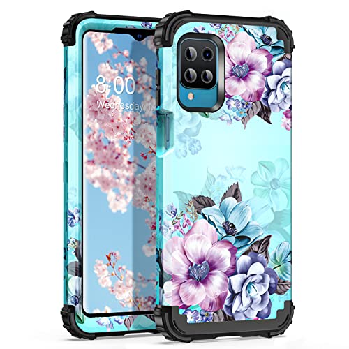 Casetego Compatible with Galaxy A12 Case,Floral Three Layer Heavy Duty Sturdy Shockproof Full Body Protective Cover Case for Samsung Galaxy A12,Blue Flower