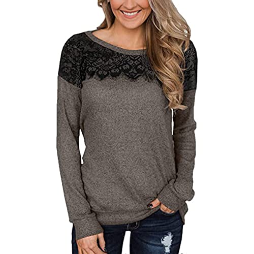 Casual Tunic Top for Women-Lace Pacthwork Pullover Winter Cozy Knitted Sweatshirt Round Neck Long Sleeve Shirt Top