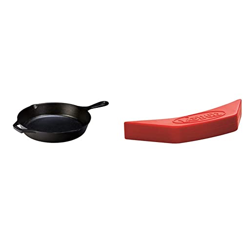 Lodge L8SK3 10-1/4-Inch Pre-Seasoned Skillet & ASAHH41 Silicone Assist Handle Holder, Red, 5.5″ x 2″