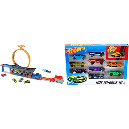 Hot Wheels Transporter Truck Mobile Play Set Large Loop Collapsible Launcher Room for 18 Die-Cast 1:16 Vehicles Ages 3 and Up & 10-Pack (Styles May Vary) [Amazon Exclusive]