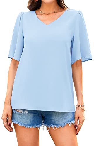 Neineiwu Women’s Loose Casual Short Sleeve Chiffon Top T-Shirt Blouse (Large Light Blue)