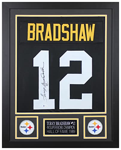 Terry Bradshaw Autographed Black Pittsburgh Jersey – Beautifully Matted and Framed – Hand Signed By Bradshaw and Certified Authentic by Beckett – Includes Certificate of Authenticity